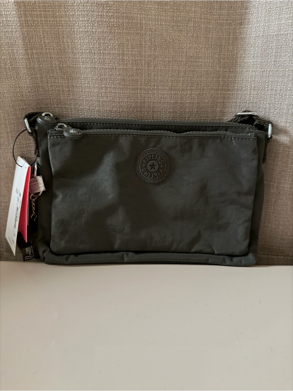Kipling Dark Olive Nylon Shoulder Bag with Front Logo